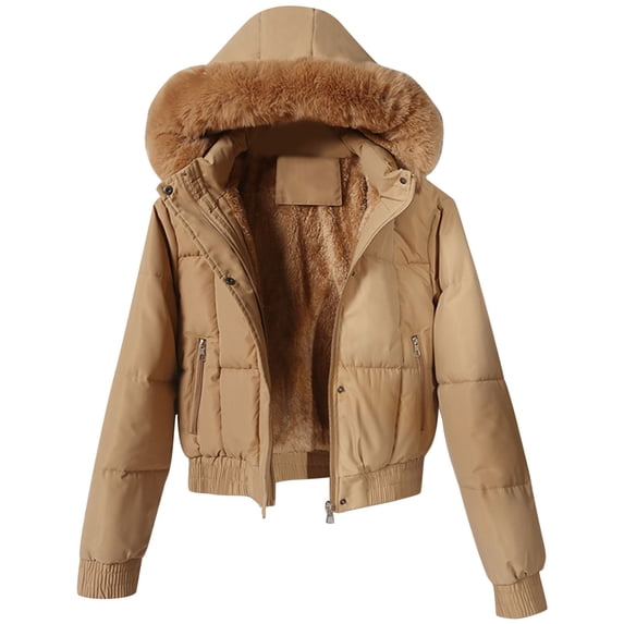 Luvrsol Women's Faux Fur Hooded Short Parka Puffer Jacket Full Zip Cropped Winter Coat Casual Warm Outerwear, Khaki M-2XL