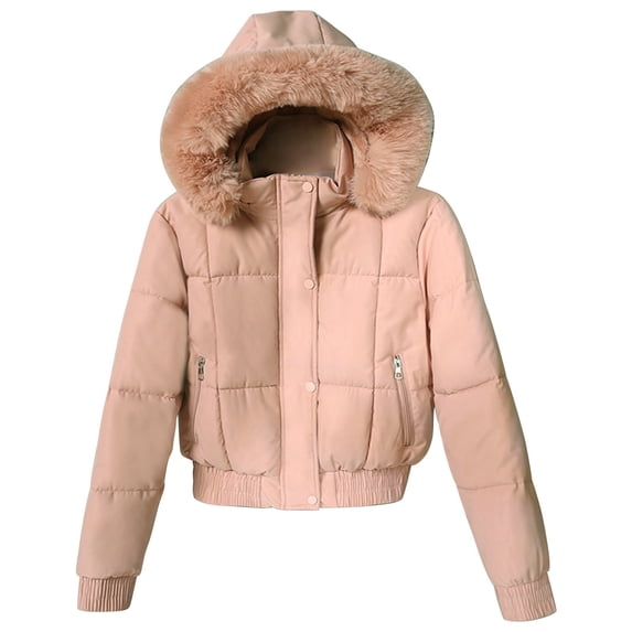 Luvrsol Women's Faux Fur Hooded Short Parka Puffer Jacket Full Zip Cropped Winter Coat Casual Warm Outerwear, Pink M-2XL