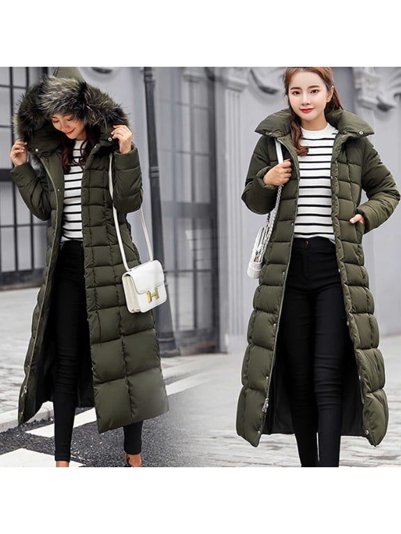 Women's Hooded Maxi Length Puffer Coat Full Zip Long Winter Jacket Warm Oversized Outerwear, Army Green S-L2