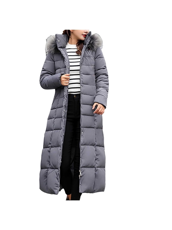 Women's Hooded Maxi Length Puffer Coat Full Zip Long Winter Jacket Warm Oversized Outerwear, Gray S-L2