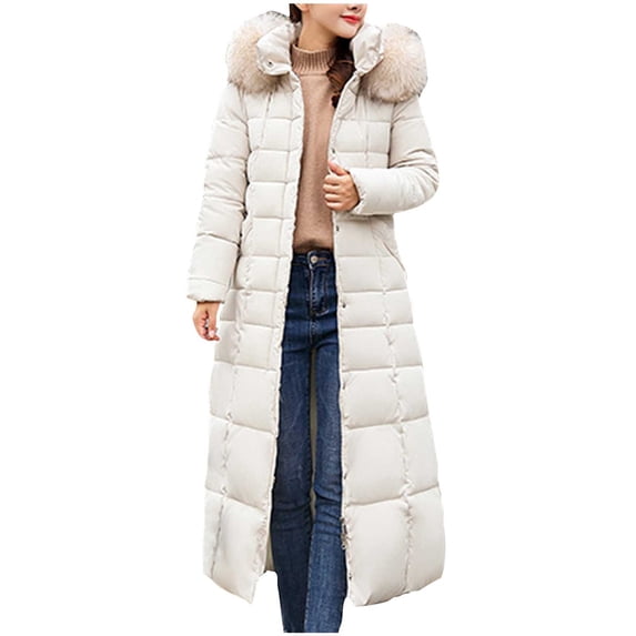 Luvrsol Women's Hooded Maxi Length Puffer Coat Full Zip Long Winter Jacket Warm Oversized Outerwear, White S-L2