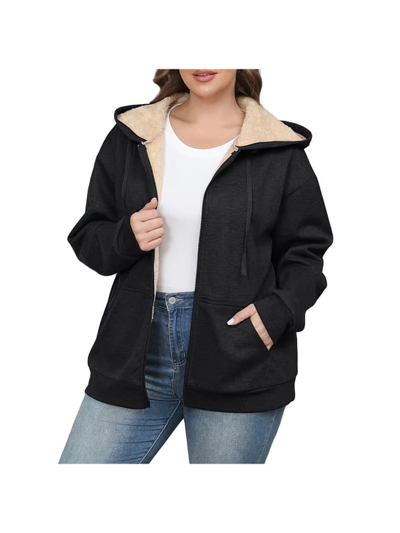 Women's Plus Size Fleece Lined Hooded Jacket, Long Sleeve Zip Up Casual Coat with Pockets XL-5XL