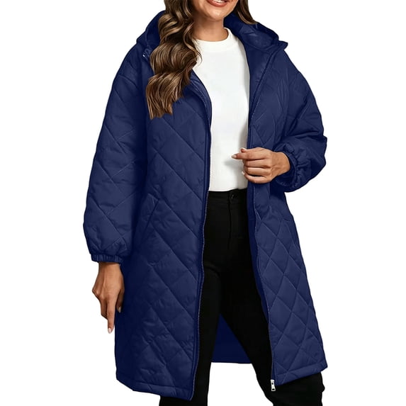 Luvrsol Women's Plus Size Hooded Long Puffer Coat Loose Padded Winter Jacket Casual Warm Outerwear, Navy XL-5XL