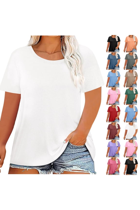 Women's Plus Size Solid Crew Neck Short Sleeve Tee Basic Summer Tops, L-5XL