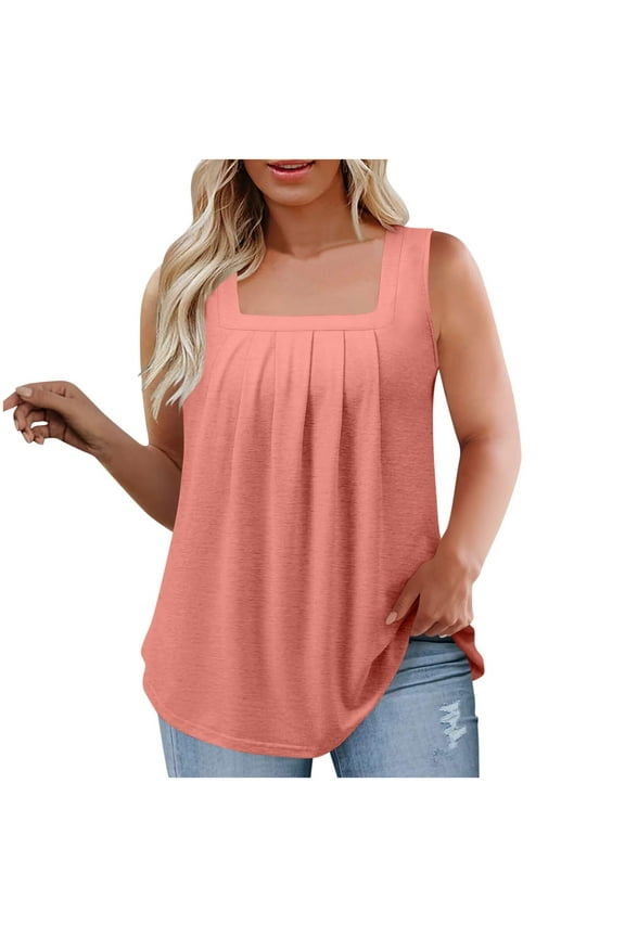 Women's Plus Size Solid Pleated Square Neck Tank Top Tunic Womens Tops, L-5XL