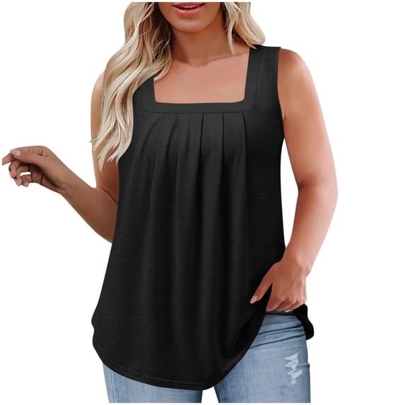 Luvrsol Women's Plus Size Solid Pleated Square Neck Tank Top Tunic Womens Tops, L-5XL