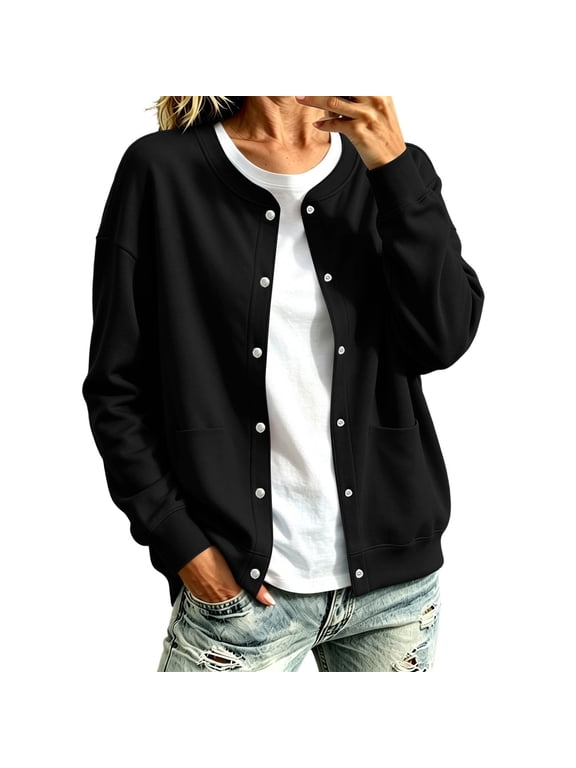 Women's Round Neck Button Down Sweatshirt Jacket Long Sleeve Cardigan with Pockets Black S-2XL