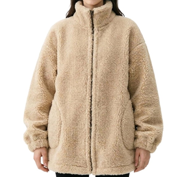 Luvrsol Women's Short Stand Collar Fleece Zip Up Jacket, Long Sleeve Casual Plush Coat with Pockets S-2XL