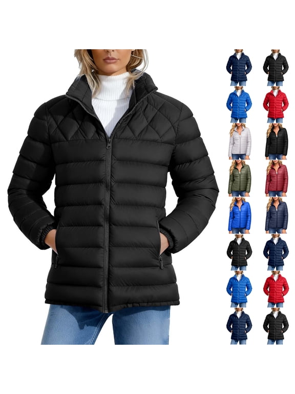 Women's Stand Collar Light Puffer Jacket Full Zip Casual Outerwear Warm Winter Coat, Black S-3XL