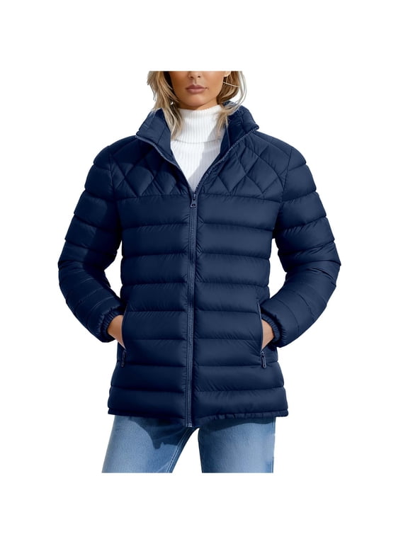 Women's Stand Collar Light Puffer Jacket Full Zip Casual Outerwear Warm Winter Coat, Navy S-3XL