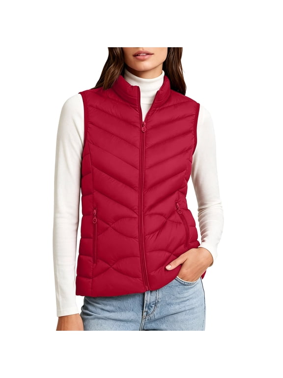 Women's Stand Collar Puffer Vest Full Zip Sleeveless Padded Gilet Light Casual Layering, Red XS-XL