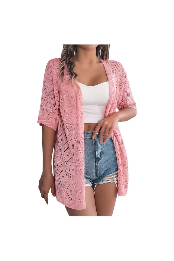 Women's Summer Lace-Up Checkered Knit Cardigan Beach Sun Protection Jacket