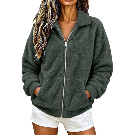Luvrsol Women's Winter Coats Collared Fleece Teddy Jacket Relaxed Fit Soft Fluffy Sherpa Coat, Gray S-3XL