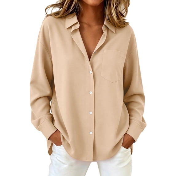 Luvrsol Womens Button Down Shirt Solid Blouse Long Sleeve Loose Tops for Commute & Daily Errands S-2XL