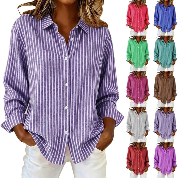 Luvrsol Womens Button Up Shirts Striped Blouse Collared Shirt Loose Fit for Business Casual S-2XL