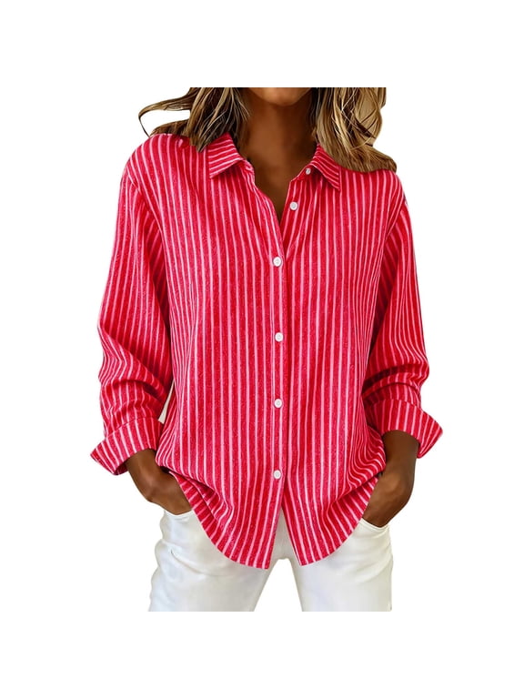 Womens Button Up Shirts Striped Blouse Collared Shirt Loose Fit for Business Casual S-2XL