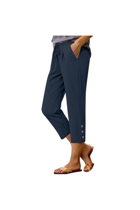 Womens Capri Pants Cotton Linen Blend Casual Summer with Pockets 7/8 Capri, Size S-2XL