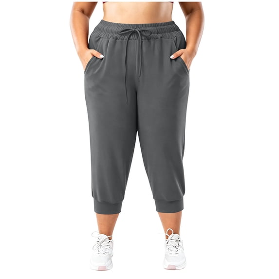 Luvrsol Womens Capri Pants Plus Size Solid Drawstring Waist Pocketed 3/4-Length Sweatpants L-4XL