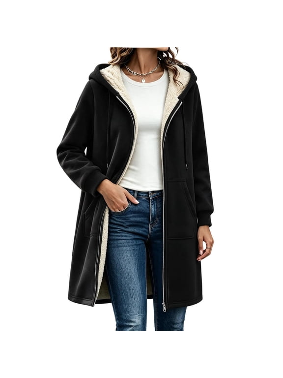 Womens Coat Hood Warm Winter Jacket Sherpa Lined Fleece Mid-Length Zip Up Coat, Black S-3XL