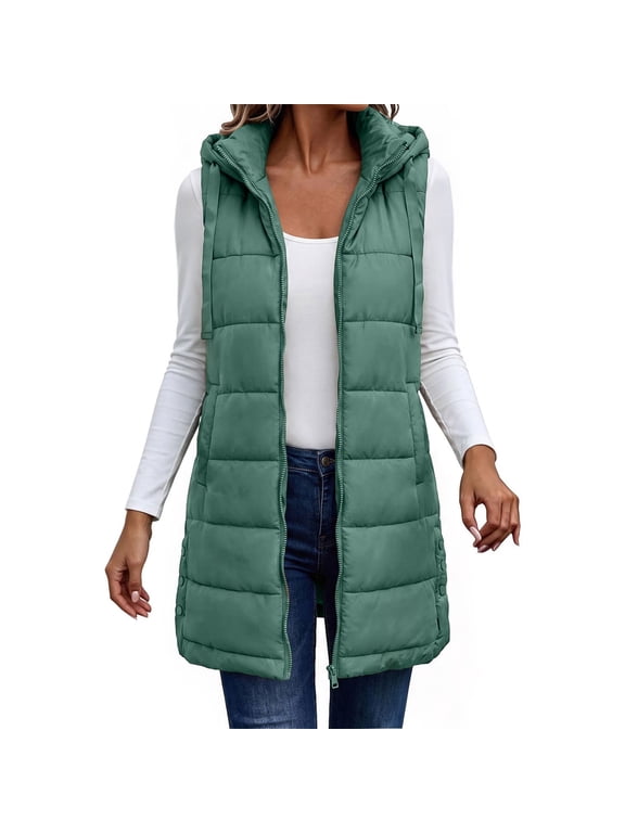 Womens Coat Hooded Mid-Length Puffer Vest Full Zip Sleeveless Quilted Waistcoat, Green S-2XL