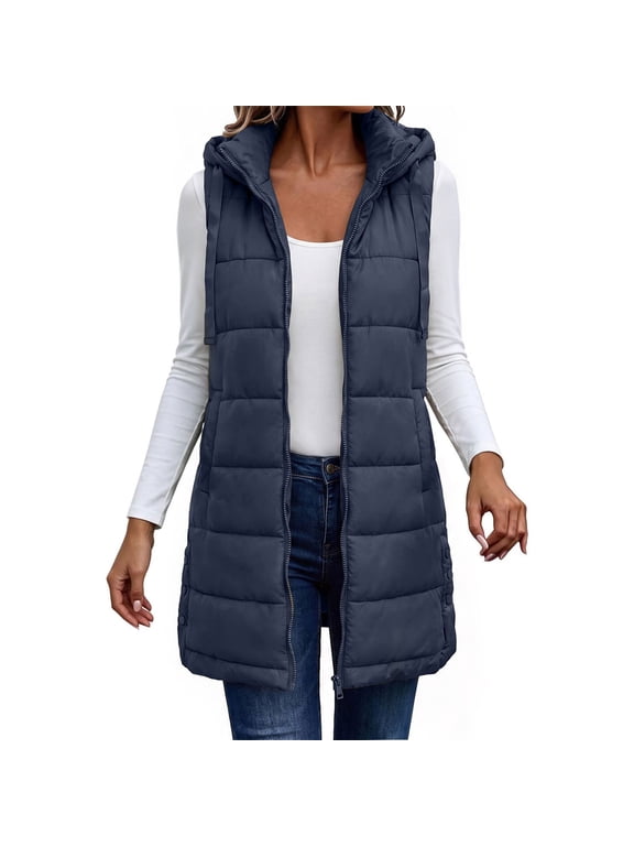 Womens Coat Hooded Mid-Length Puffer Vest Full Zip Sleeveless Quilted Waistcoat, Navy S-2XL