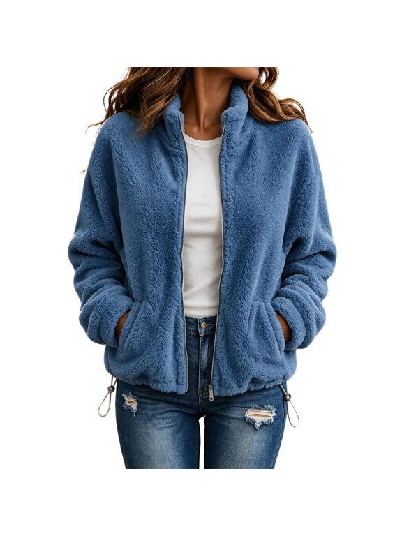 Womens Coat Stand Collar Fleece Jacket Drawstring Hem Fluffy Lamb Wool Warm Coat, Blue S-2XL