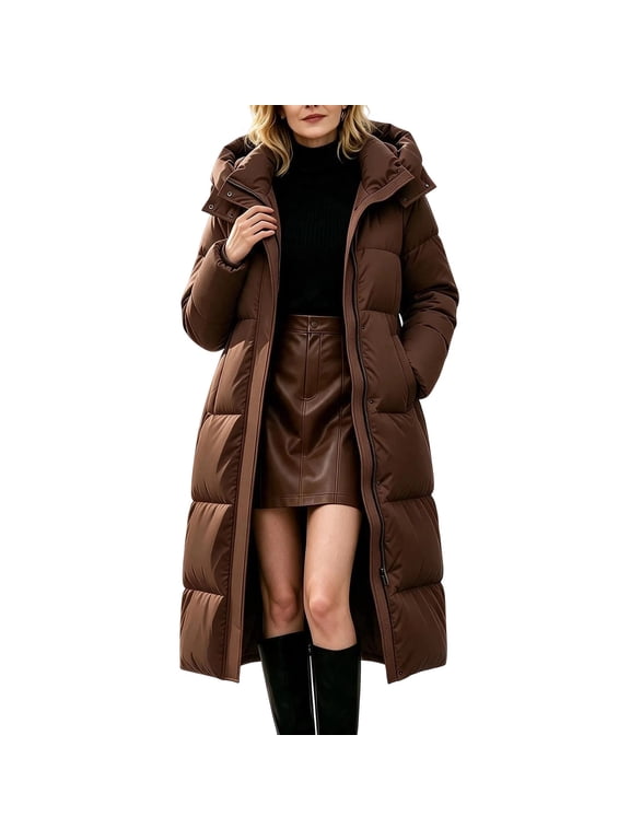 Womens Coats Hooded Long Horizontal Quilted Puffer Coat Full Zip Warm Winter Jacket, Brown S-3XL