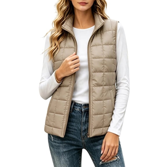 Luvrsol Womens Coats Stand Collar Box Quilted Puffer Vest Full Zip Sleeveless Lightweight Gilet, Khaki S-2XL