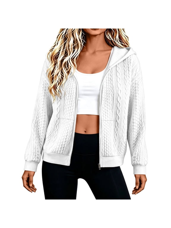 Womens Fall Jackets Cable Knit Texture Full Zip Hooded Sweatshirt Jacket Long Sleeve Zip Up Coat, White S-3XL