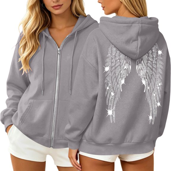 Luvrsol Womens Fall Jackets Rhinestone Angel Full Zip Hooded Sweatshirt Jacket Long Sleeve Coat, Gray S-2XL