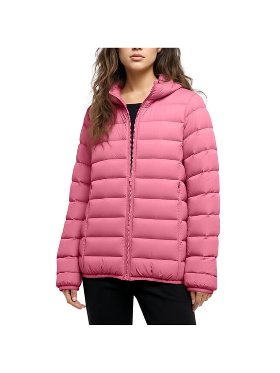Womens Hooded Light Puffer Jacket Full Zip Casual Outerwear Warm Winter Coat, Hot Pink XXS-XL