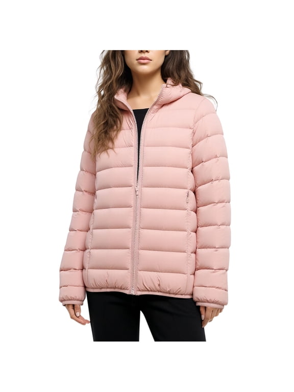 Womens Hooded Light Puffer Jacket Full Zip Casual Outerwear Warm Winter Coat, Pink XXS-XL