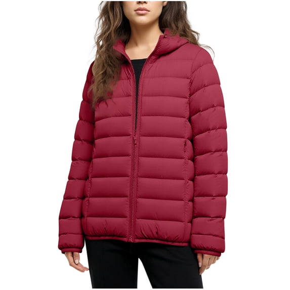 Luvrsol Womens Hooded Light Puffer Jacket Full Zip Casual Outerwear Warm Winter Coat, Wine XXS-XL