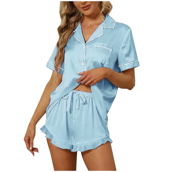 Luvrsol Womens Pajama Sets Summer Satin Loose Casual V-Neck Solid Short Shirt Pajamas Set, S-2XL