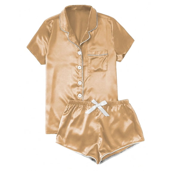 Luvrsol Womens Pajamas Satin Solid Lightweight Casual Home Button Short-sleeved Shorts Pajama Set, S-XL
