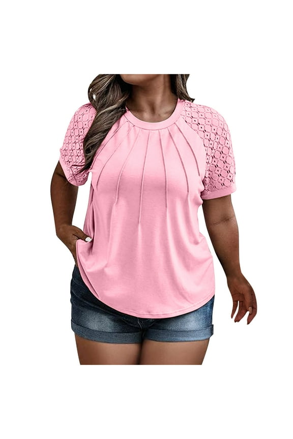Womens Short Sleeve Tops Plus Size Lace Sleeves Round Neck T-shirt Cotton Basic Tee Tunic Tops Loose Fit Dressy, L-5XL
