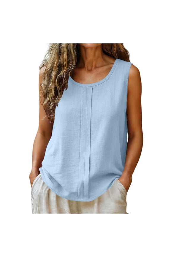 Womens Summer Tops Summer Cotton-Linen Solid Round-Neck Sleeveless Ruched Tank, S-2XL