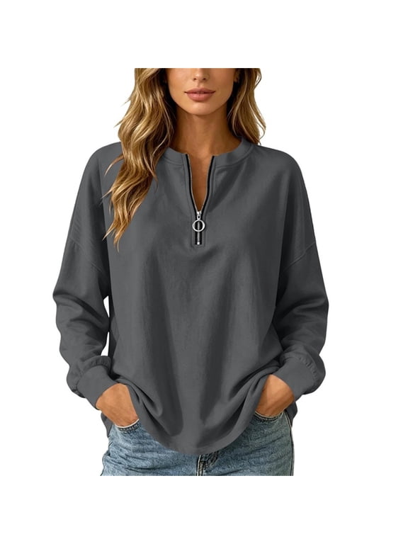 Womens Sweatshirts Casual Solid Fleece Pullover Top Pockets Half Zip Blouse S-2XL