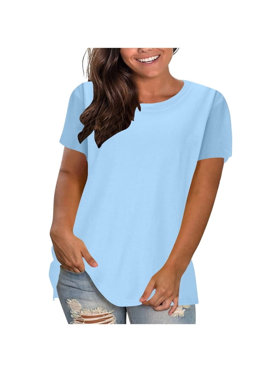 Womens T Shirts Cotton Solid Round Neck Short Sleeve Casual Loose T-shirt, Size S-2XL