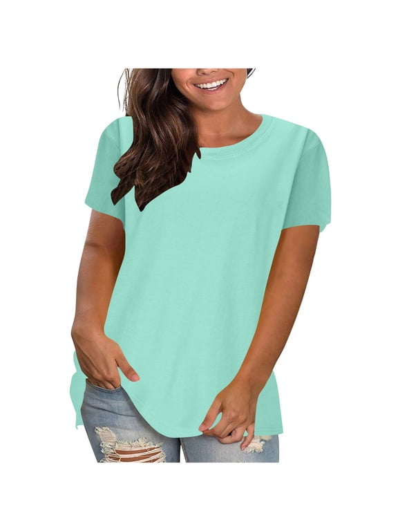 Womens T Shirts Cotton Solid Round Neck Short Sleeve Casual Loose T-shirt, Size S-2XL