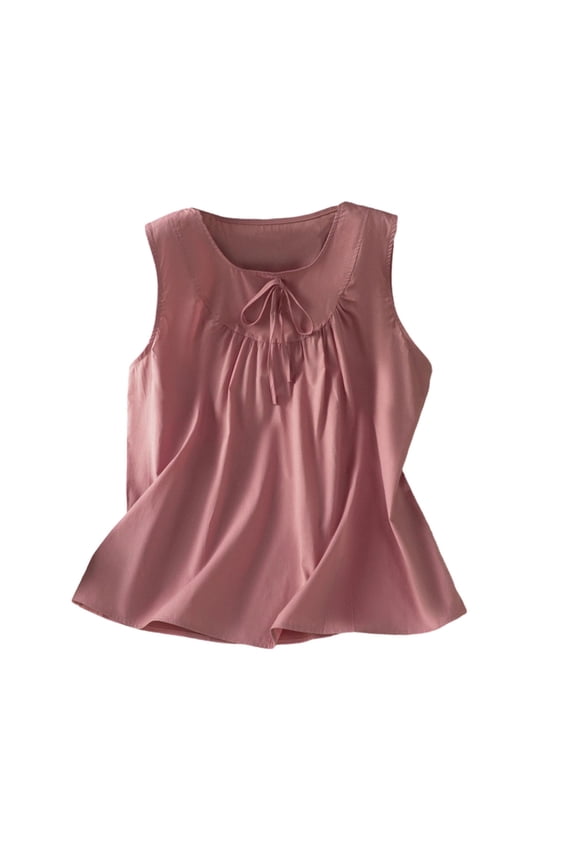 Womens Tank Tops Tie Front Gathered Sleeveless Round Neck Casual Loose Fit Summer Blouse, M-2XL