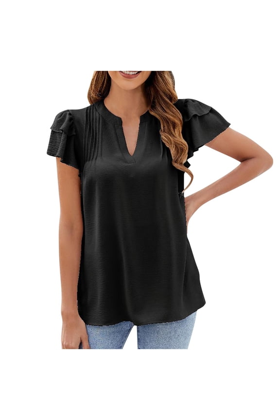 Womens Tops Lace Sleeves Solid Color V-neck Front Pleated Casual Summer Tops, Size S-2XL