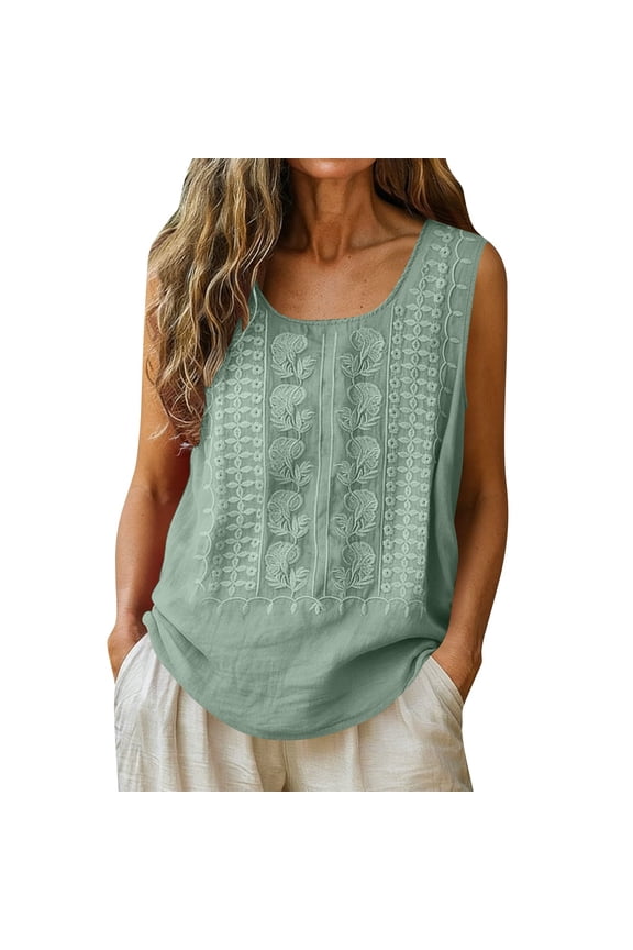 Womens Tops Solid Sleeveless Round-Neck Embroidered Loose-Fit Cotton-Linen Blouse, Size S-2XL