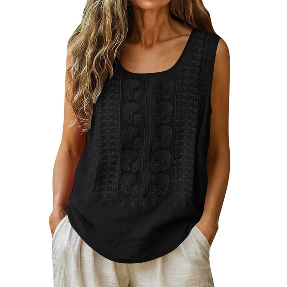 Luvrsol Womens Tops Solid Sleeveless Round-Neck Embroidered Loose-Fit Cotton-Linen Blouse, Size S-2XL