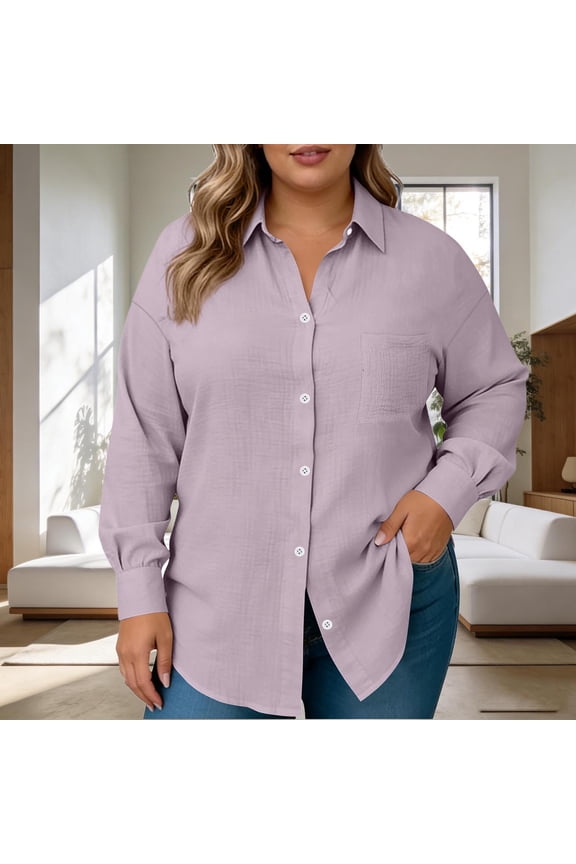 Womens Tunic Tops Plus Size Long Sleeve Button Down Shirt with Classic Collar and Functional Pockets Tunic Shirts for Women, L-4XL