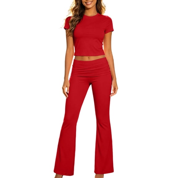 Luvrsol Womens Two Piece Sets Simple Basic Short Sleeve Tops and Full Length Pants Set Daily Casual Wear Outfits XS-XL
