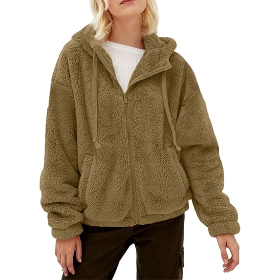Luvrsol Womens Winter Coat Hooded Fleece Teddy Jacket Drawstring Relaxed Fit Warm Sherpa Coat, Brown S-3XL