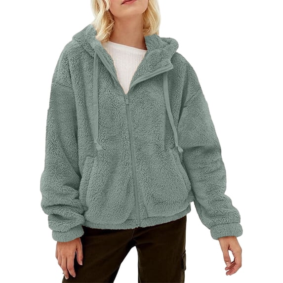 Luvrsol Womens Winter Coat Hooded Fleece Teddy Jacket Drawstring Relaxed Fit Warm Sherpa Coat, Gray S-3XL