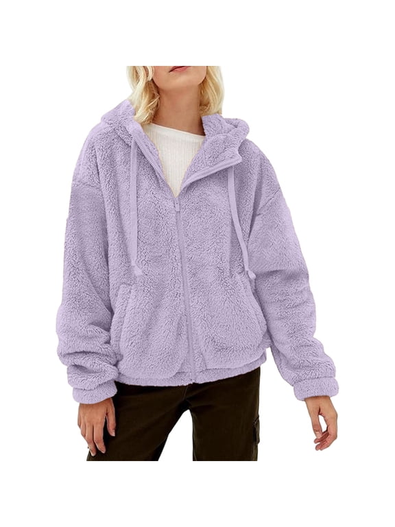 Womens Winter Coat Hooded Fleece Teddy Jacket Drawstring Relaxed Fit Warm Sherpa Coat, Purple S-3XL
