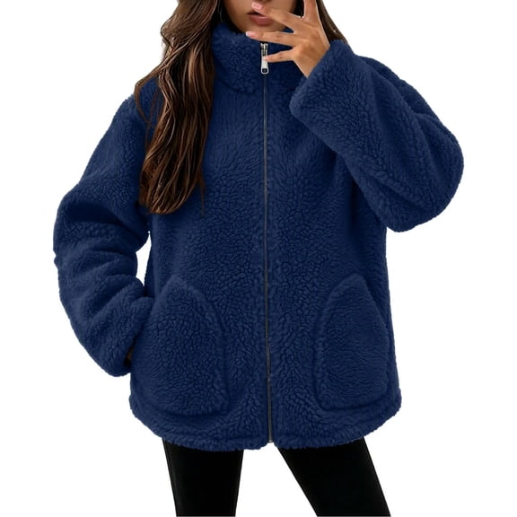 Luvrsol Womens Winter Coat Stand Collar Full Zip Sherpa Fleece Jacket Warm Fluffy Teddy Coat with Pockets, Navy S-3XL